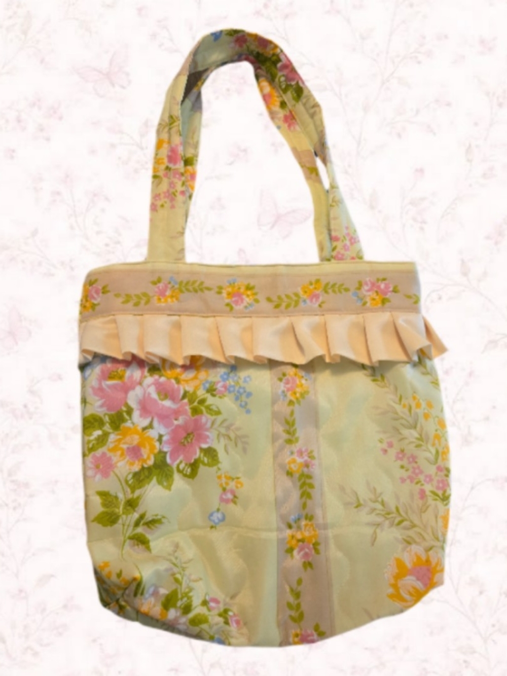Handmade Floral Cream Ruffle Tote Bag - Women